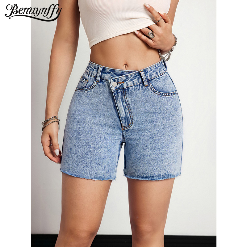 Vintage Fashion Jeans - Benuynffy Asymetryczne Szorty Jeansowe z Surowym