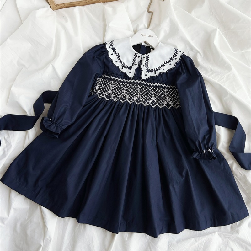 Vintage Fashion Boutique - Vintage'owa ciemnoniebieska sukienka dla dziewczynek z