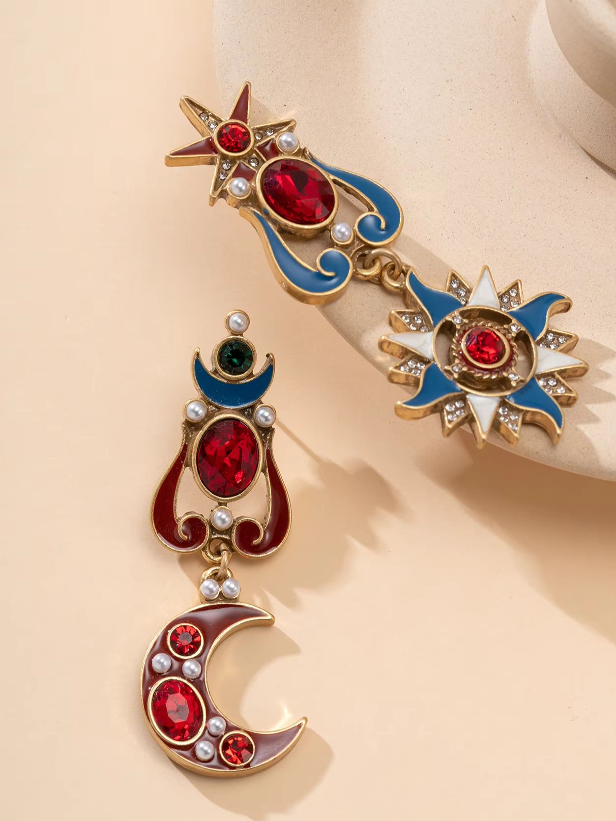 Vintage Fashion Earrings - Vintage Kolczyki Wiszące Słońce i Księżyc