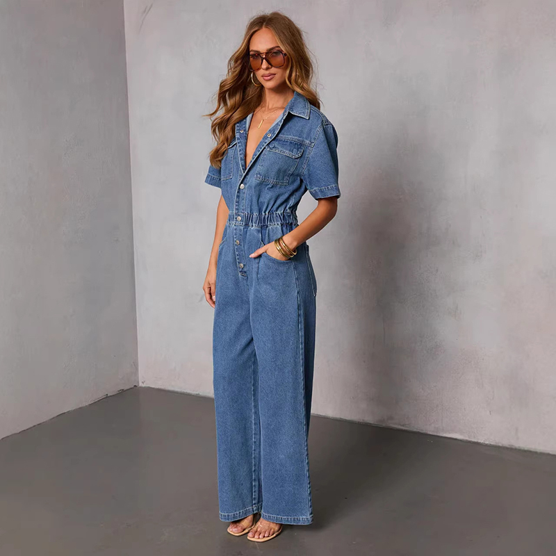 Vintage Fashion Jeans - Retro Moda Krótkie Rękawy Dżinsowe Kombinezony